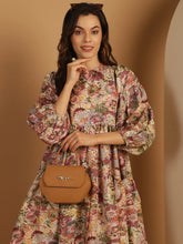 Floral Printed Puff Sleeve A-Line Dress-JND-1021Purple